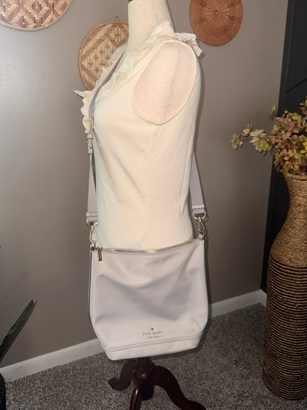 Kate Spade crossbody purse neutral light pearly grey minimalist everyday classic
